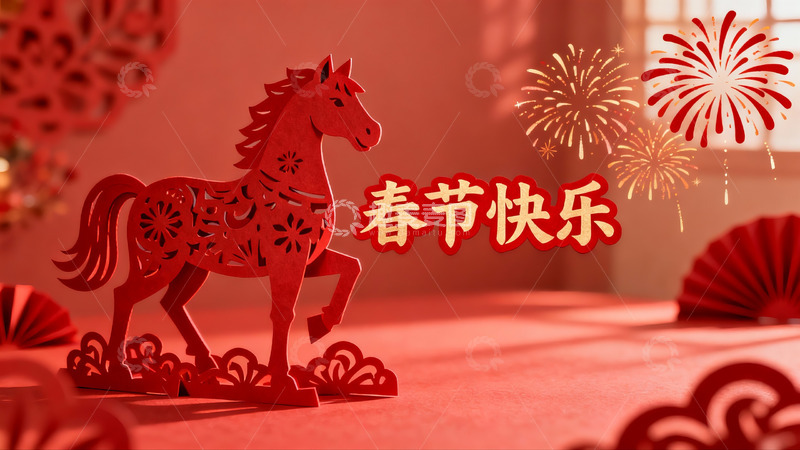 高清大图下载【趣麦麦图】春节剪纸马与烟花装饰
