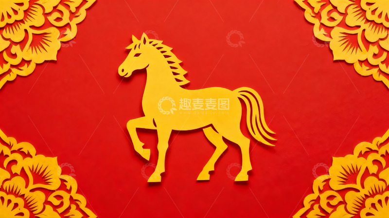 高清大图下载【趣麦麦图】红色背景上的黄色剪纸马