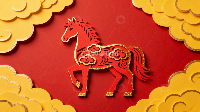 高清大图下载【趣麦麦图】红色剪纸马与祥云图案