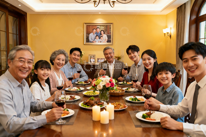高清大图下载【趣麦麦图】三代同堂家庭聚餐温馨场景