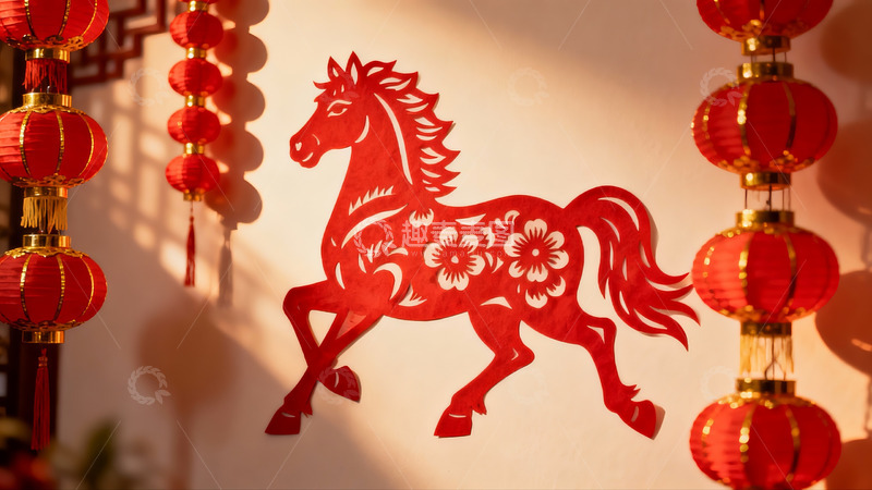 高清大图下载【趣麦麦图】春节剪纸马与红灯笼装饰