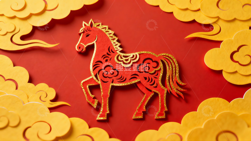 高清大图下载【趣麦麦图】红色剪纸马与黄色祥云图案