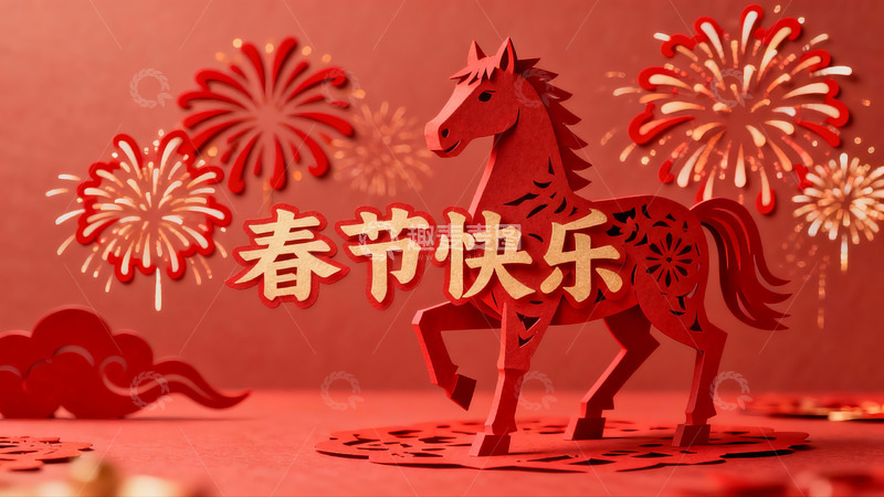 高清大图下载【趣麦麦图】春节剪纸艺术展示红色马与烟花