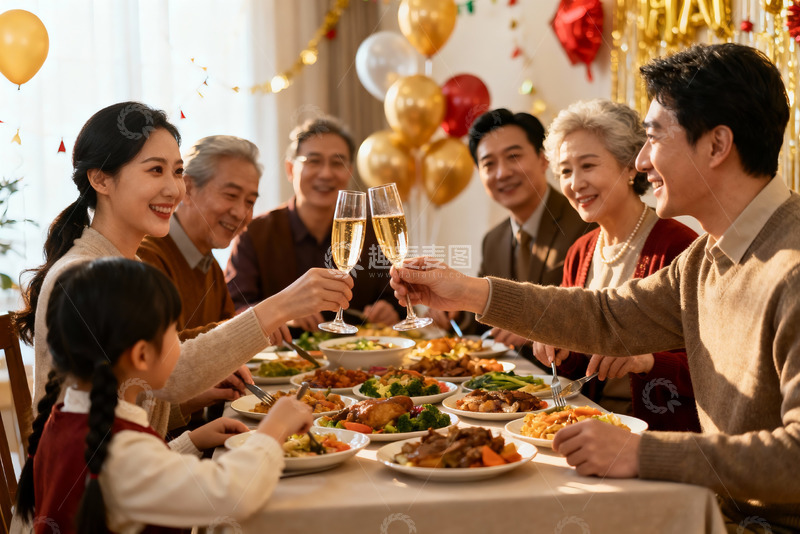 高清大图下载【趣麦麦图】家庭聚餐举杯欢庆
