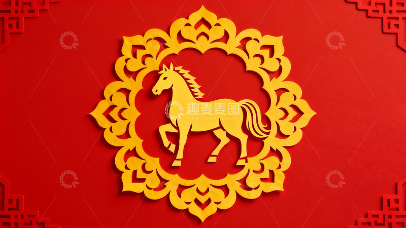 高清大图下载【趣麦麦图】红色背景上的金色剪纸马
