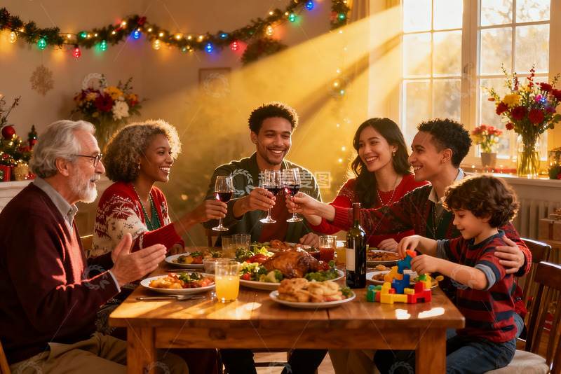 高清大图下载【趣麦麦图】温馨家庭圣诞聚餐共享欢乐时光