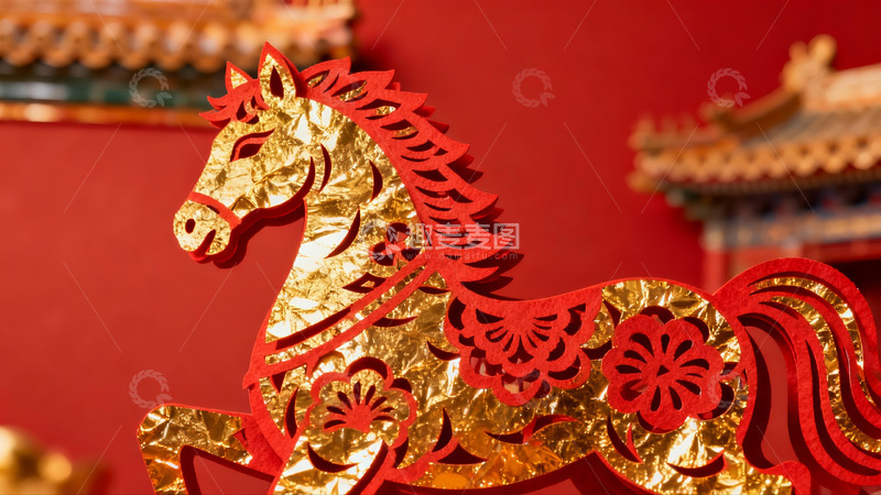 高清大图下载【趣麦麦图】红金剪纸马迎新春
