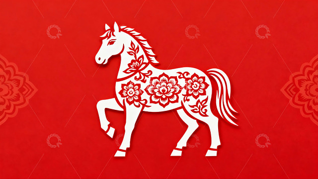红色背景上的白色剪纸马