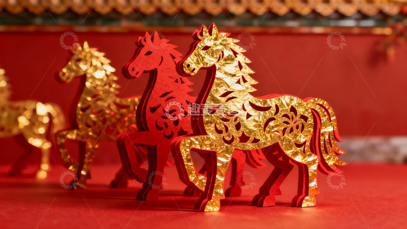 高清大图下载【趣麦麦图】红色背景上的金色与红色马形剪纸