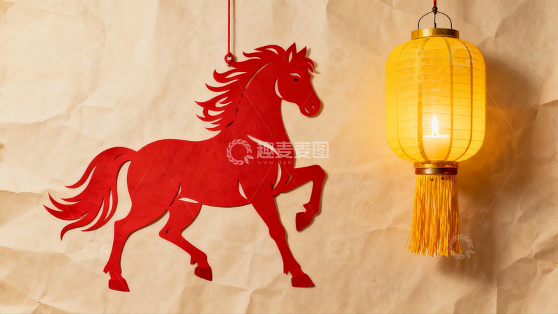 高清大图下载【趣麦麦图】红色剪纸马与黄色灯笼