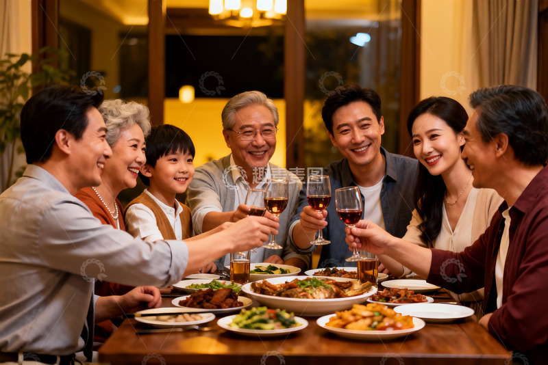 高清大图下载【趣麦麦图】三代同堂家庭聚餐举杯欢庆
