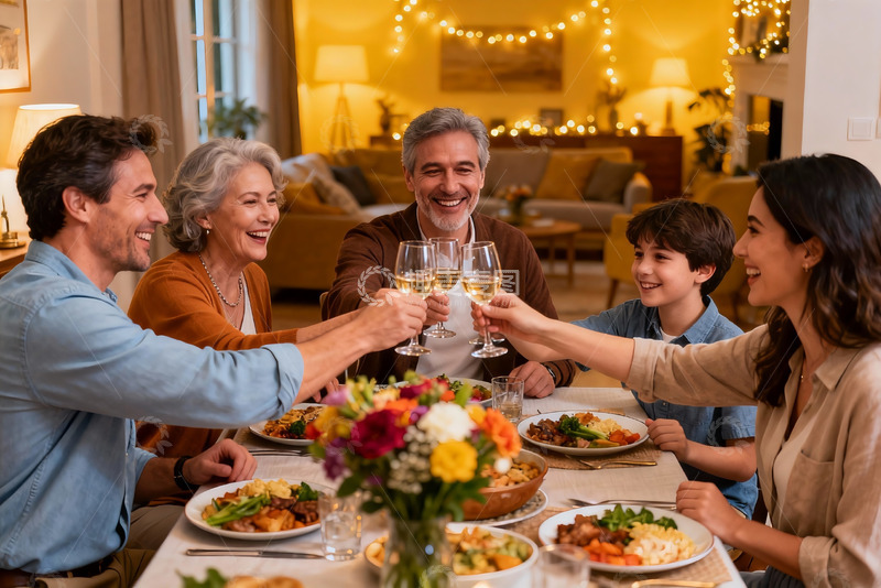 高清大图下载【趣麦麦图】温馨家庭聚餐举杯欢庆