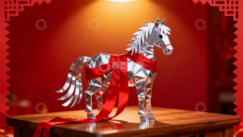 高清大图下载【趣麦麦图】红色背景下的银色纸马装饰