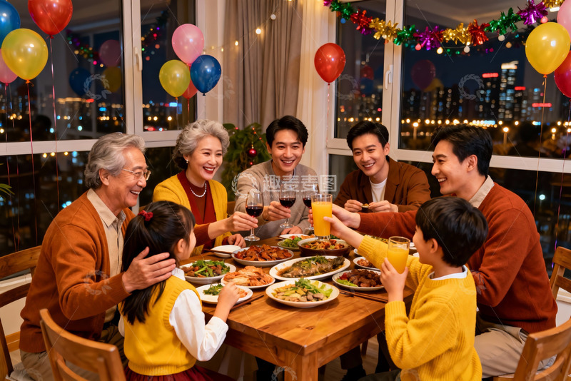 高清大图下载【趣麦麦图】家庭聚餐欢庆节日温馨场景