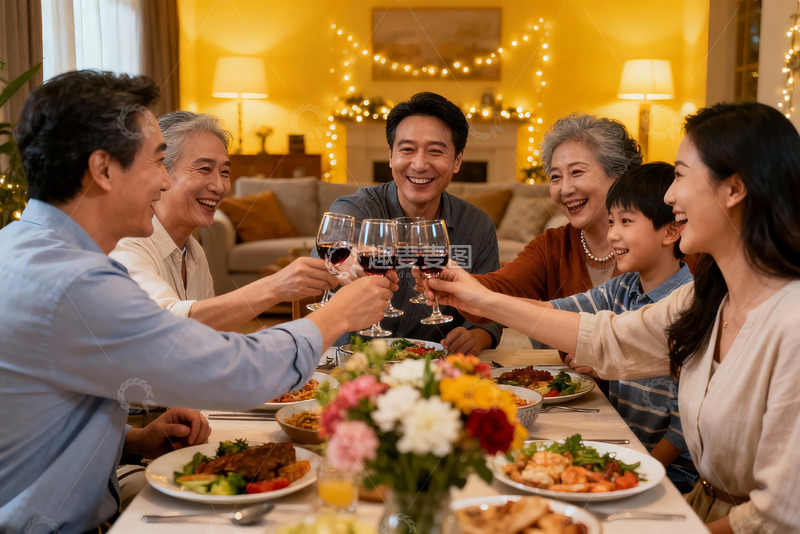 高清大图下载【趣麦麦图】温馨家庭聚餐举杯欢庆