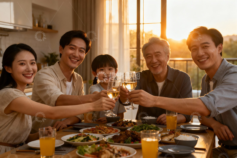 高清大图下载【趣麦麦图】三代同堂家庭聚餐举杯欢庆