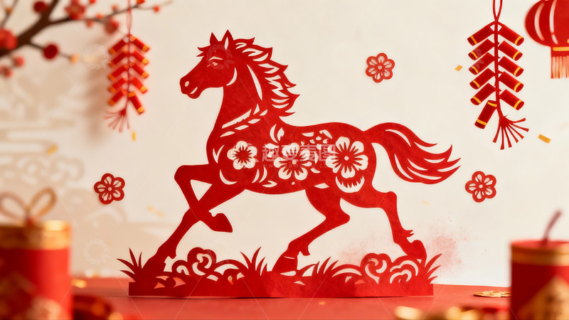 高清大图下载【趣麦麦图】红色剪纸马迎新春装饰