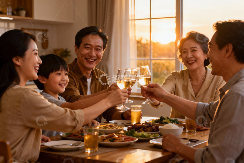 高清大图下载【趣麦麦图】温馨家庭聚餐举杯欢庆