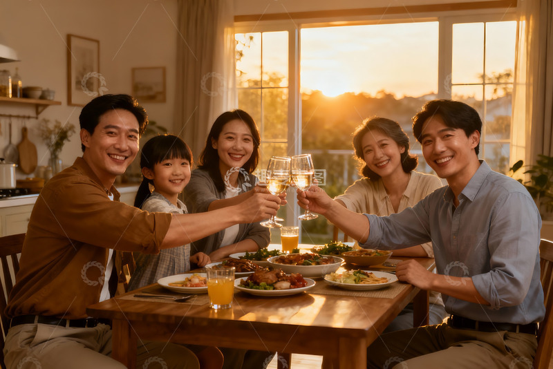 高清大图下载【趣麦麦图】温馨家庭聚餐举杯欢庆