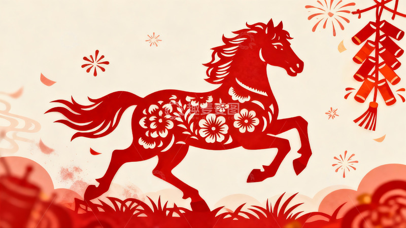 高清大图下载【趣麦麦图】红色剪纸马迎春图