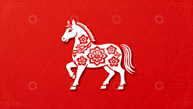 红色背景上的白色剪纸马