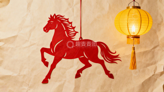 红色剪纸马与黄色灯笼装饰
