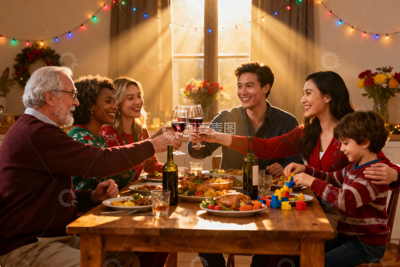 高清大图下载【趣麦麦图】温馨家庭聚餐举杯欢庆