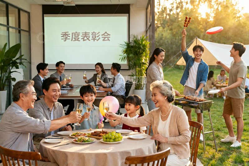 高清大图下载【趣麦麦图】家庭户外季度表彰会欢聚场景