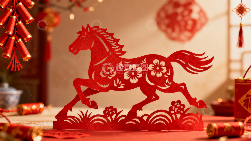 高清大图下载【趣麦麦图】红色剪纸马迎新春装饰