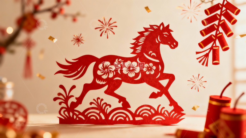 高清大图下载【趣麦麦图】红色剪纸马年春节装饰