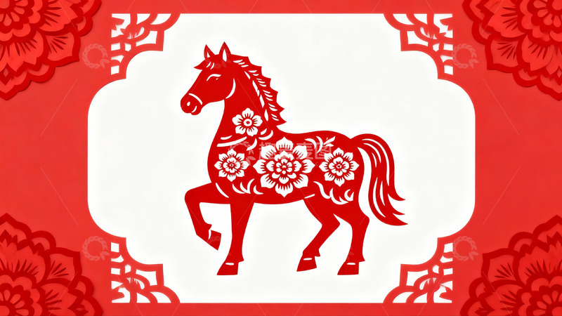 高清大图下载【趣麦麦图】红色剪纸马图案新年装饰