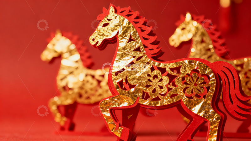 高清大图下载【趣麦麦图】红色背景上的金色剪纸马