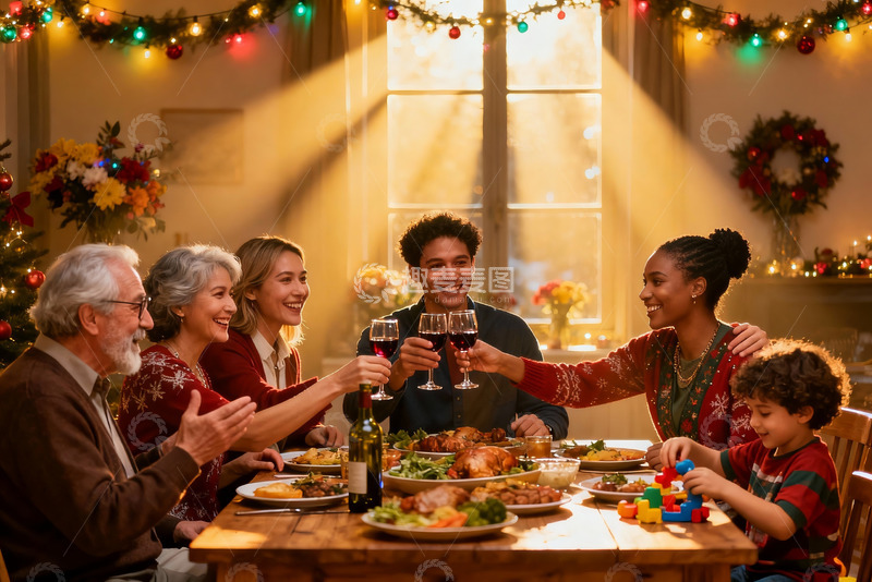 高清大图下载【趣麦麦图】温馨圣诞家庭聚餐举杯欢庆