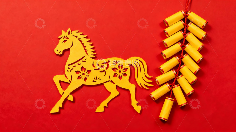 高清大图下载【趣麦麦图】红色背景上的剪纸马与鞭炮