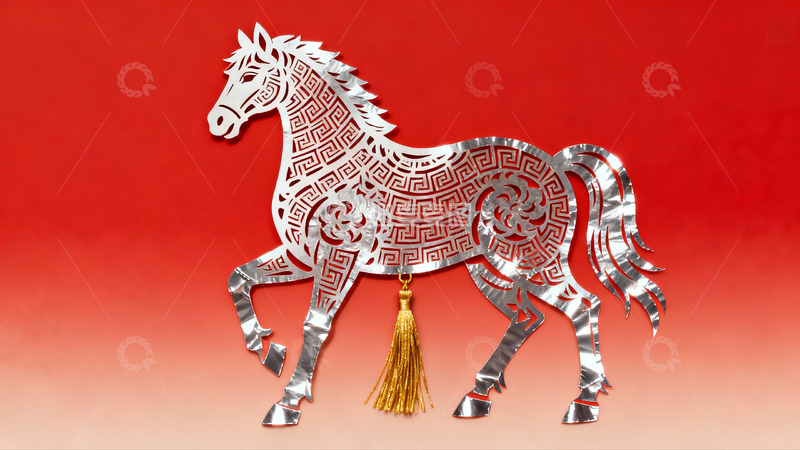 高清大图下载【趣麦麦图】红色背景上的银色马形剪纸