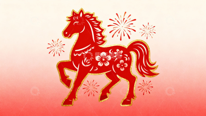 高清大图下载【趣麦麦图】红色剪纸马与烟花图案