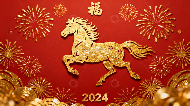 红色背景金色马年剪纸图案