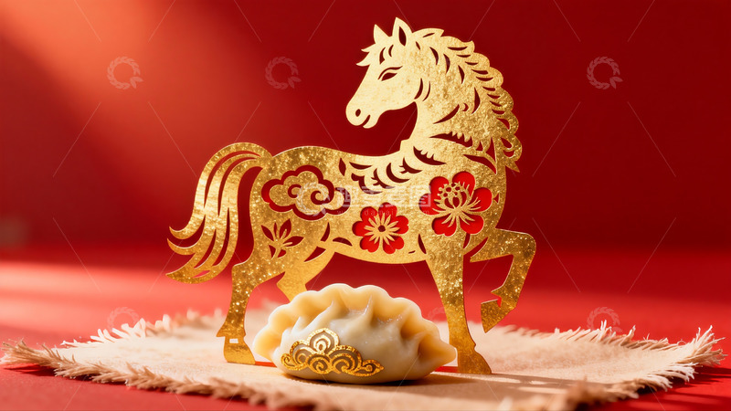 高清大图下载【趣麦麦图】金色剪纸马与饺子新年装饰