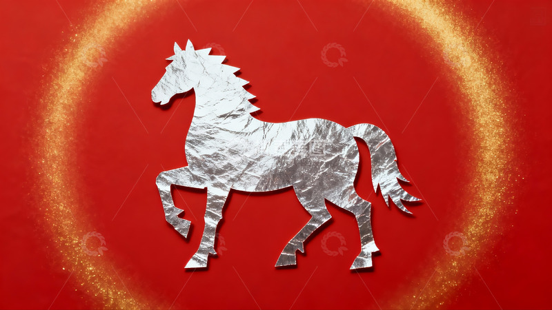 高清大图下载【趣麦麦图】红色背景上的银色马剪纸艺术