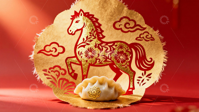剪纸马与饺子新年装饰