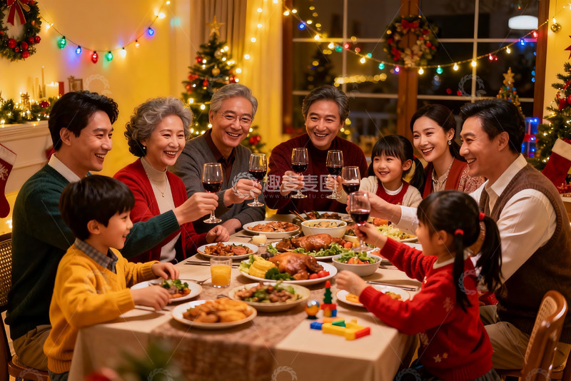 高清大图下载【趣麦麦图】圣诞家庭聚餐举杯欢庆