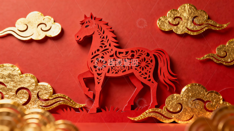高清大图下载【趣麦麦图】红色剪纸马与金色祥云图案