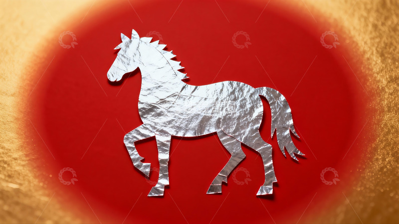 高清大图下载【趣麦麦图】红色背景上的银色马剪纸艺术