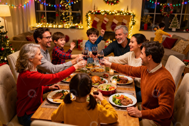 高清大图下载【趣麦麦图】温馨圣诞家庭聚餐举杯欢庆