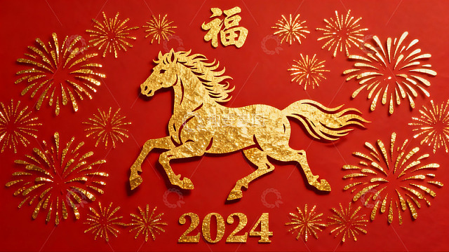 红色背景金色马年剪纸艺术