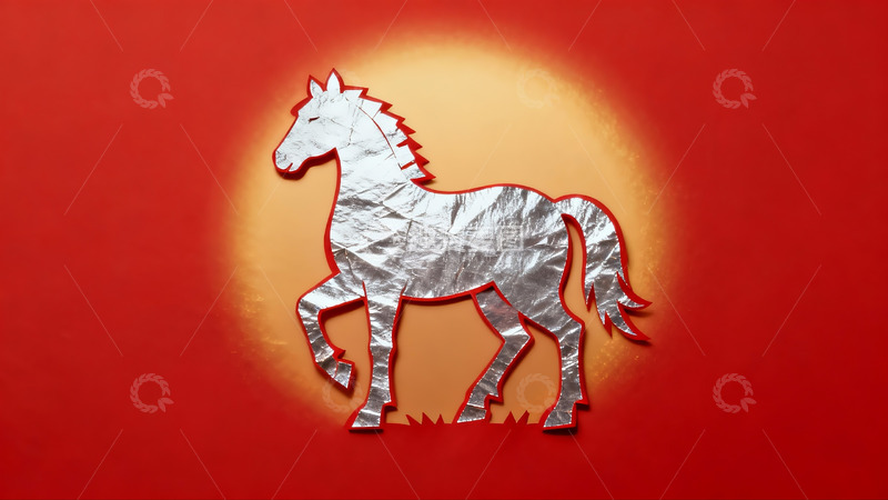 高清大图下载【趣麦麦图】红色背景上的银色纸马艺术