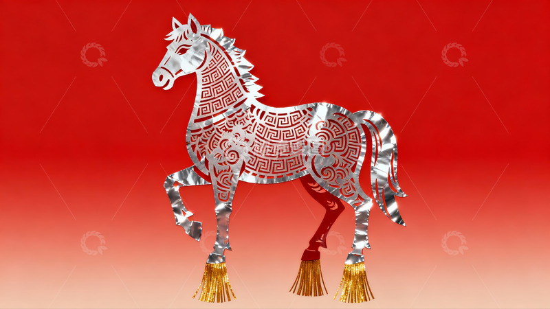 高清大图下载【趣麦麦图】红色背景上的银色剪纸马