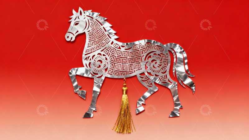 高清大图下载【趣麦麦图】红色背景上的银色剪纸马