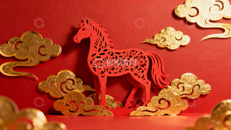 高清大图下载【趣麦麦图】红色剪纸马与金色祥云