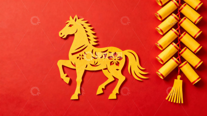 高清大图下载【趣麦麦图】红色背景上的剪纸马与鞭炮